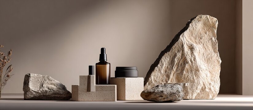 Stone podiums on a neutral beige gray studio background with two rock forms for showcasing cosmetic products creating an abstract minimalist scene with a trendy vibe and copy space image