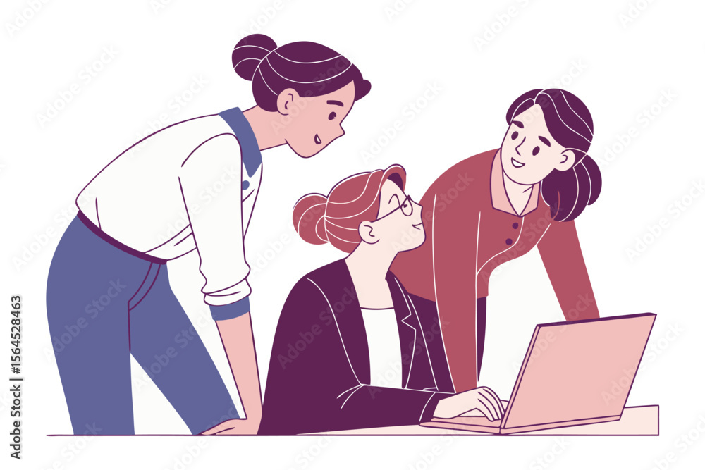 Poster three diverse women collaborate on a project using a laptop showcasing teamwork and shared learning 