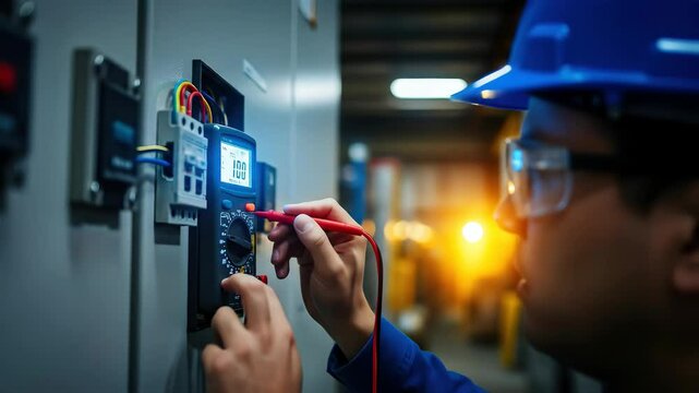 Electrician technician completing electrical maintenance and safety testing on an industrial power panel with multimeter.
