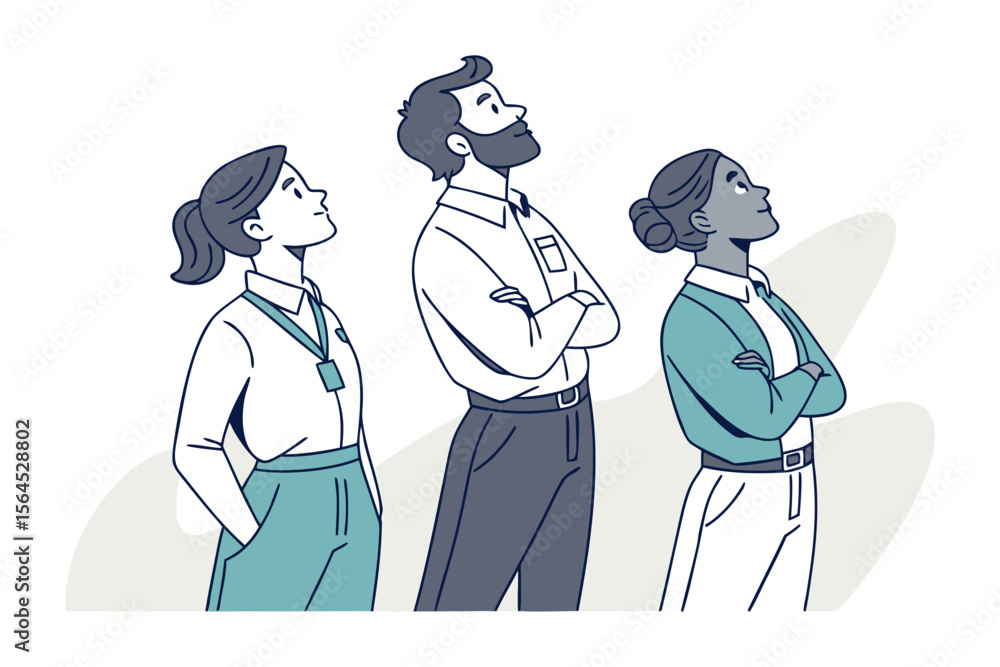 Poster diverse group of professionals looking upwards with thoughtful expressions symbolizing ambition hope