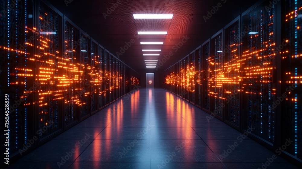 Aufkleber futuristic data center corridor with illuminated server racks and glowing digital information displa