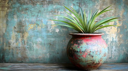 Vivid Plant in a Rustic Pot Against a Textured, Weathered Wall