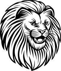 Obraz premium Roaring lion head illustration in black and white detailed mane and expressive face hand drawn wild animal emblem