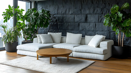 Modern Living Room with White Sofa, Plants, and Textured Black W