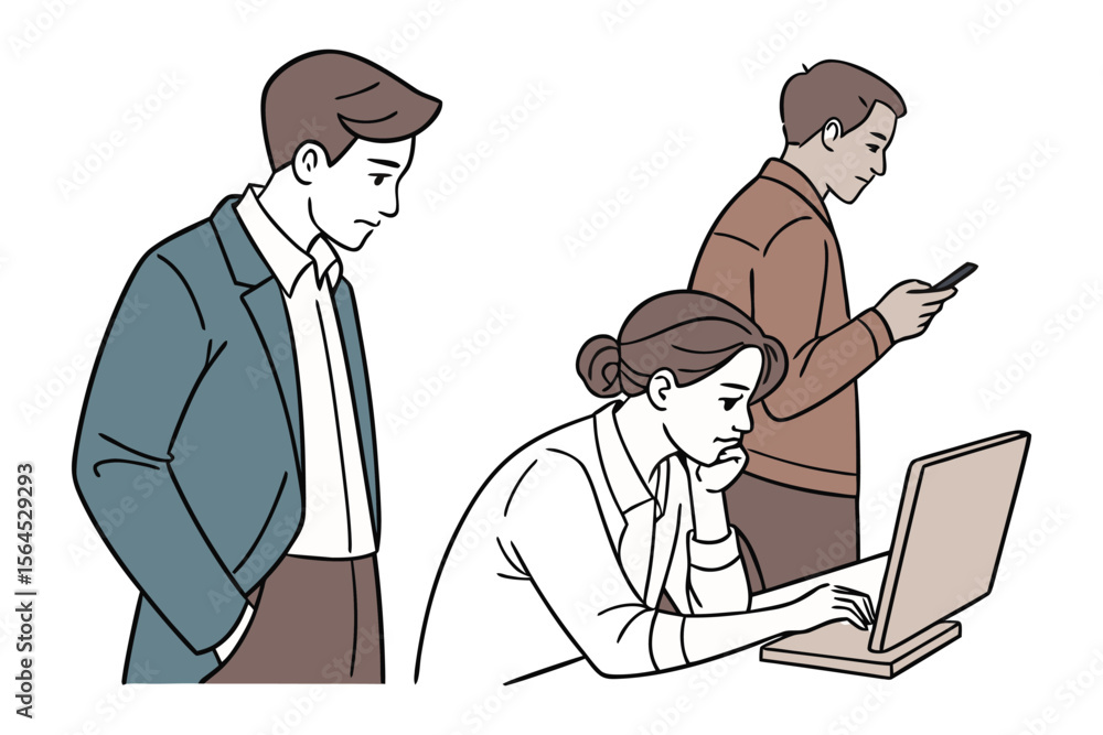 Poster three colleagues engaged in work and communication one using a laptop another on a phone and a third