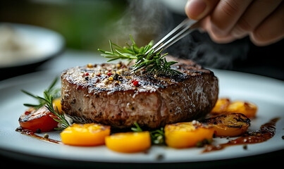 Gourmet Steak with Rosemary Garnish and Grilled Tomatoes