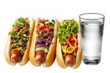 Three loaded gourmet hot dogs alongside a refreshing glass of water on black