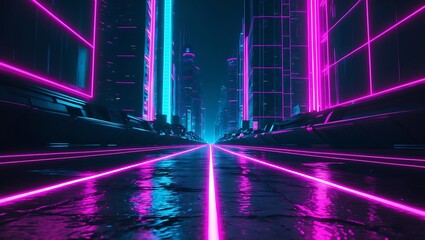 Futuristic city street with glowing neon lights and reflections on wet pavement