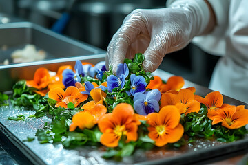 Gloved Chef Arranging Edible Pansies and Greens