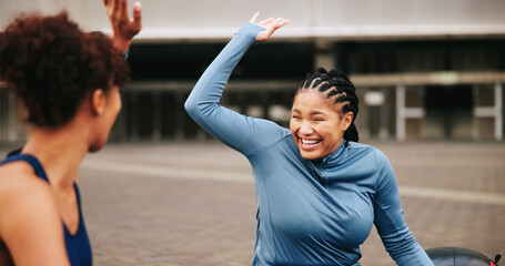 Fitness, workout and friends with high five in city for exercise success, teamwork or achievement....