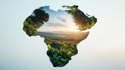 Creative silhouette of the African continent filled with lush green landscape and vibrant sunset sky