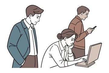 Three colleagues engaged in work and communication one using a laptop another on a phone and a third observing thoughtfully