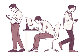 Modern professionals engaged with technology throughout their day from walking to working at a desk