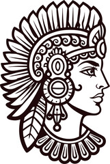 Ancient aztec warrior woman profile with feathered headdress and ornate jewelry in black line art illustration