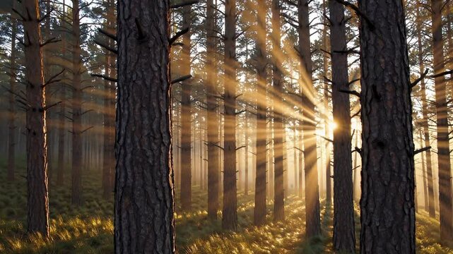 Sunlight streams through tall pine trees in a serene forest, captured at eye level. Perfect for a calming nature video backdrop. Live desktop wallpaper.