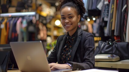 A young black woman working with laptop in office