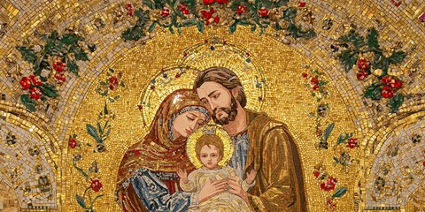 Golden mosaic depicting the holy family, a woman, man, and child, for religious and Christmas concepts. © Svitlana Vorotniak