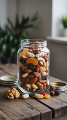 Assortment of Nuts and Dried Fruits in a Glass Jar
