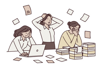 Three stressed women overwhelmed by work surrounded by scattered papers and stacks of documents feeling exhausted and frustrated