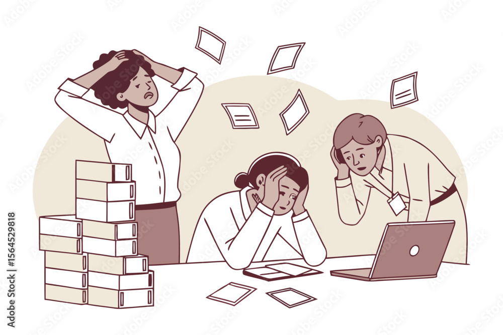 Poster three stressed office workers overwhelmed by tasks and paperwork experiencing burnout and anxiety in