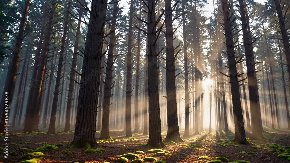 Aufkleber sunlight filters through tall pine trees in a serene forest, captured from a low angle. ideal for a 