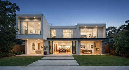 Modern house exterior twilight view