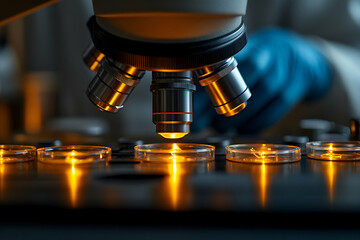 Microscope Focusing on Petri Dishes with Golden Light and Gloved