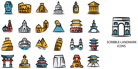Scribble Landmark simple concept 24 hand drawn color icons set .Vector illustration.	