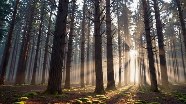 Sunlight filters through tall pine trees in a serene forest, captured from a low angle. Ideal for a tranquil nature video backdrop. Live desktop wallpaper.