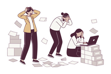 Overwhelmed office workers experiencing stress and anxiety amidst scattered papers and stacks of documents while working on laptops