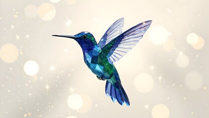 Stunning crystal hummingbird with iridescent wings on a sparkling bokeh background