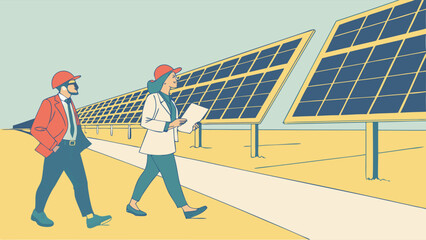 Retro Illustration: Engineers Inspecting Solar Farm, Sustainable Energy, Renewable Power, Clean Technology, Green Energy Solutions