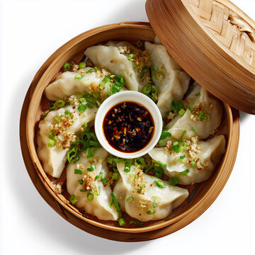 Steamed dumplings (Kanom Jeeb Thai) with garlic topping and soy dip