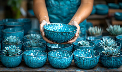 Turquoise Ceramic Bowls Held by Hands, Displaying Artistic Glaze