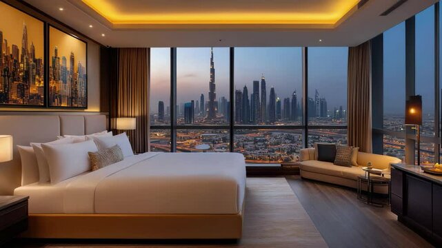 A bedroom interior with cityscape view through large windows and modern decor elements in dubai hotel a
