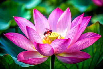 Close-Up Shot of Chinese Pink Lotus Flower with Bee Pollinating in Natural Habitat, Generative AI