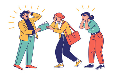 Three shocked people reacting with disbelief and surprise to unexpected news or a startling revelation