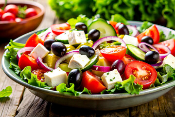 Colorful Close-Up of Fresh Greek Salad with Crisp Vegetables, Olives, and Feta Cheese, Generative AI