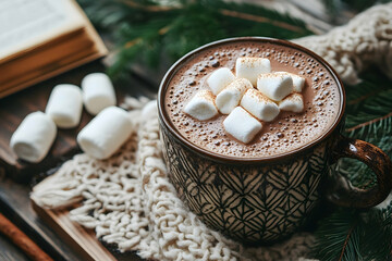 Cozy Winter Cocoa with Marshmallows, Book, and Rustic Mug on Tab