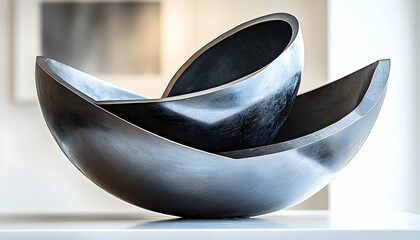 Abstract Composition of Three Black Bowls with Unique Lighting a