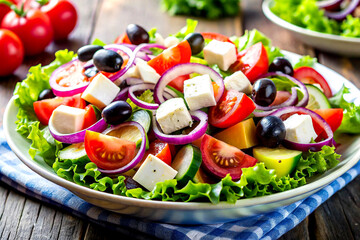 Close-Up View of Fresh Greek Salad with Feta, Olives, and Crisp Vegetables, Created with AI Generative