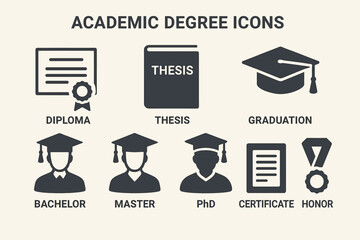 Academic degree icons: diploma, thesis, graduation, bachelor, master, phd, certificate, honor
