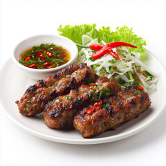Thai sausage (Sai Krok Isan) grilled and served with chili and cabbage
