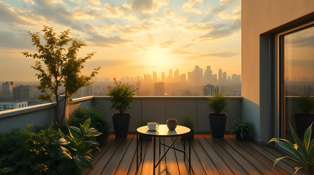 Golden hour rooftop view of a city skyline with coffee table and plants - Powered by Adobe