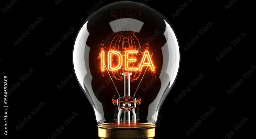 Poster illuminated lightbulb with the word idea inside on a black background representing creativity