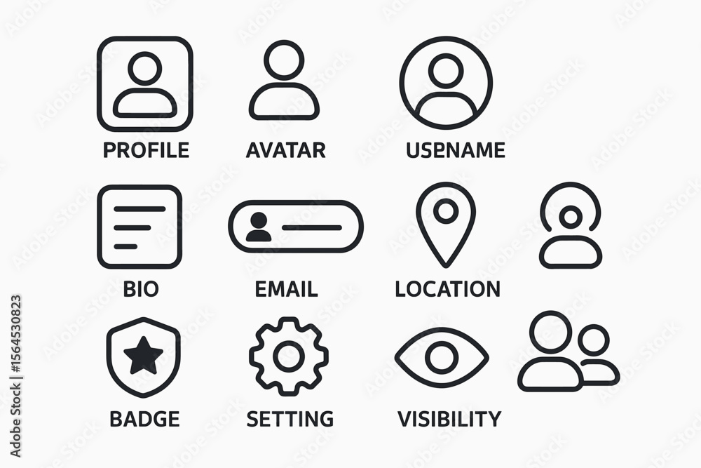 Poster set of simple user interface icons for profile settings and contact information