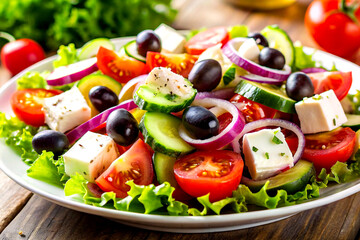Vibrant Close-Up of Fresh Greek Salad with Colorful Vegetables and Feta Cheese. AI Generative