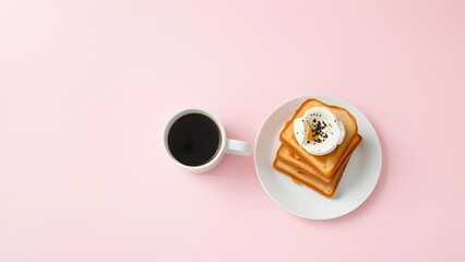 Minimalist Breakfast with Toast and Coffee on Pink Background
