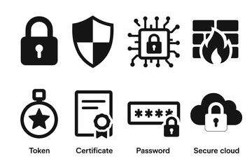 Digital security icons: locks, shields, firewalls, certificates, passwords, secure cloud