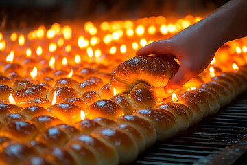 Hand Gently Holding a Freshly Baked Bread Amidst Candlelit Warmt